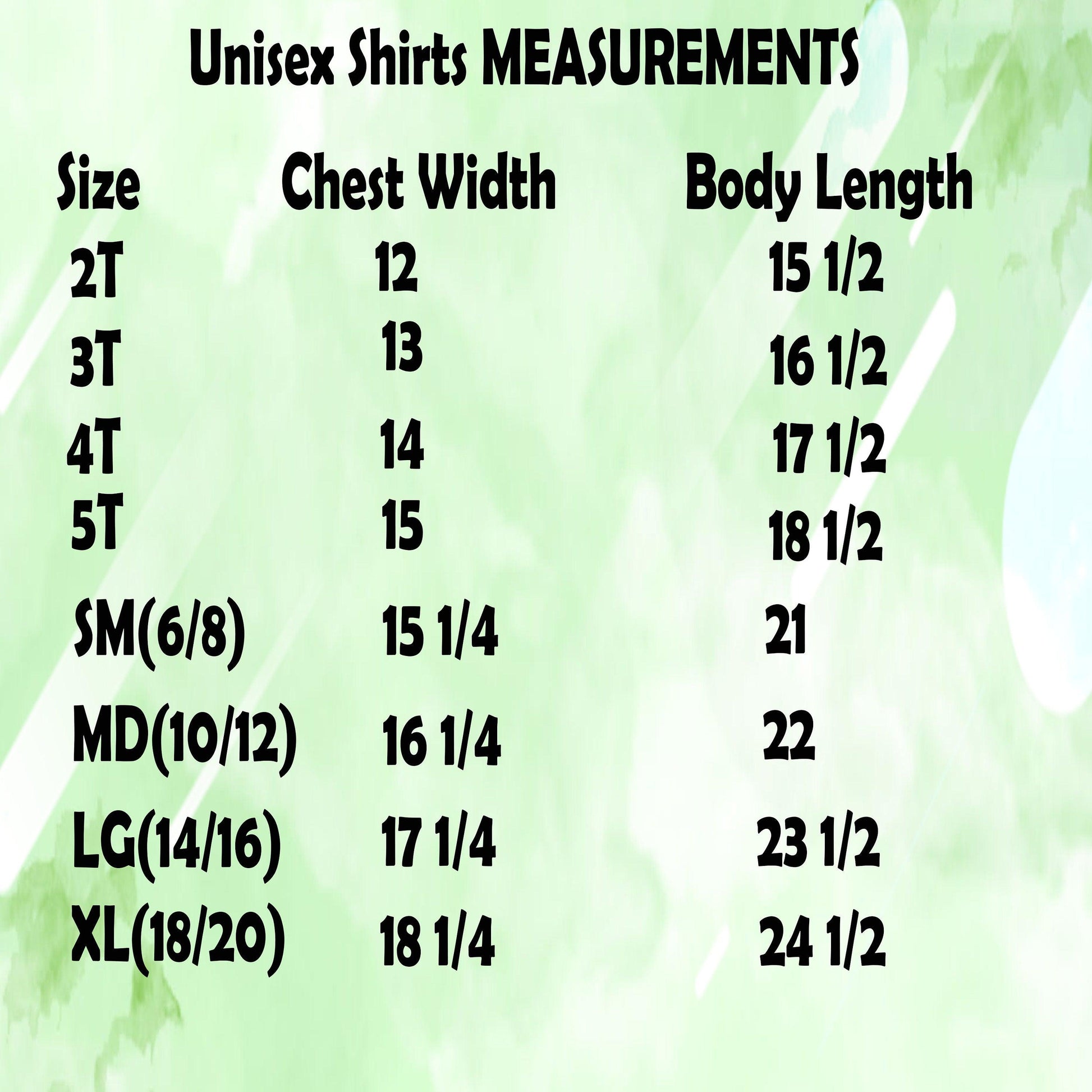 Size guide for a unisex Squishmallows shirt