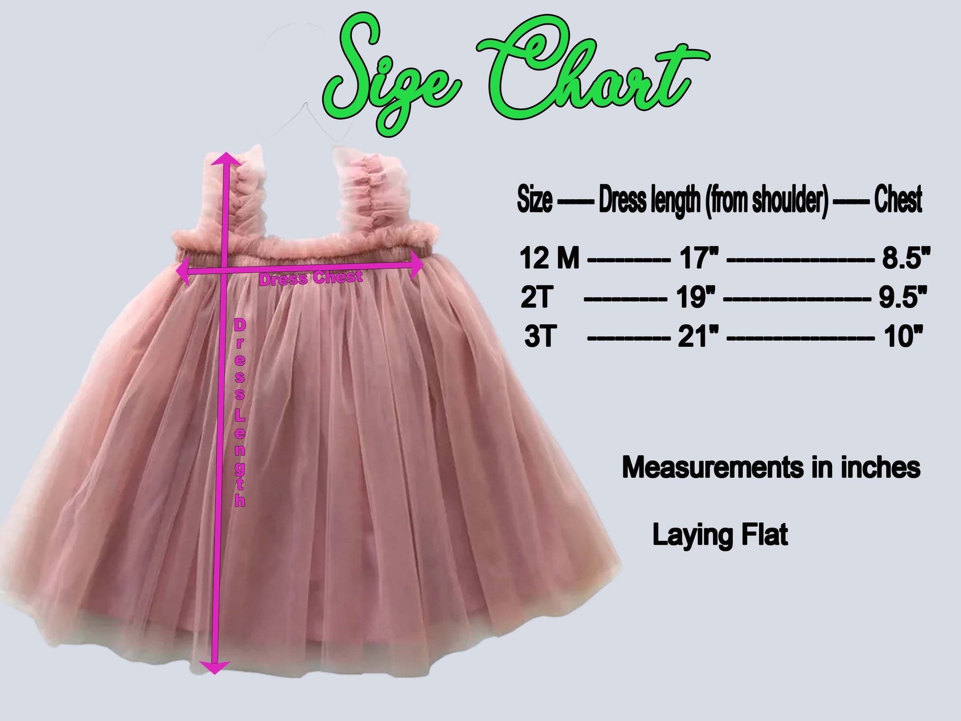 Baby Dusty Pink Tulle Dress size chart