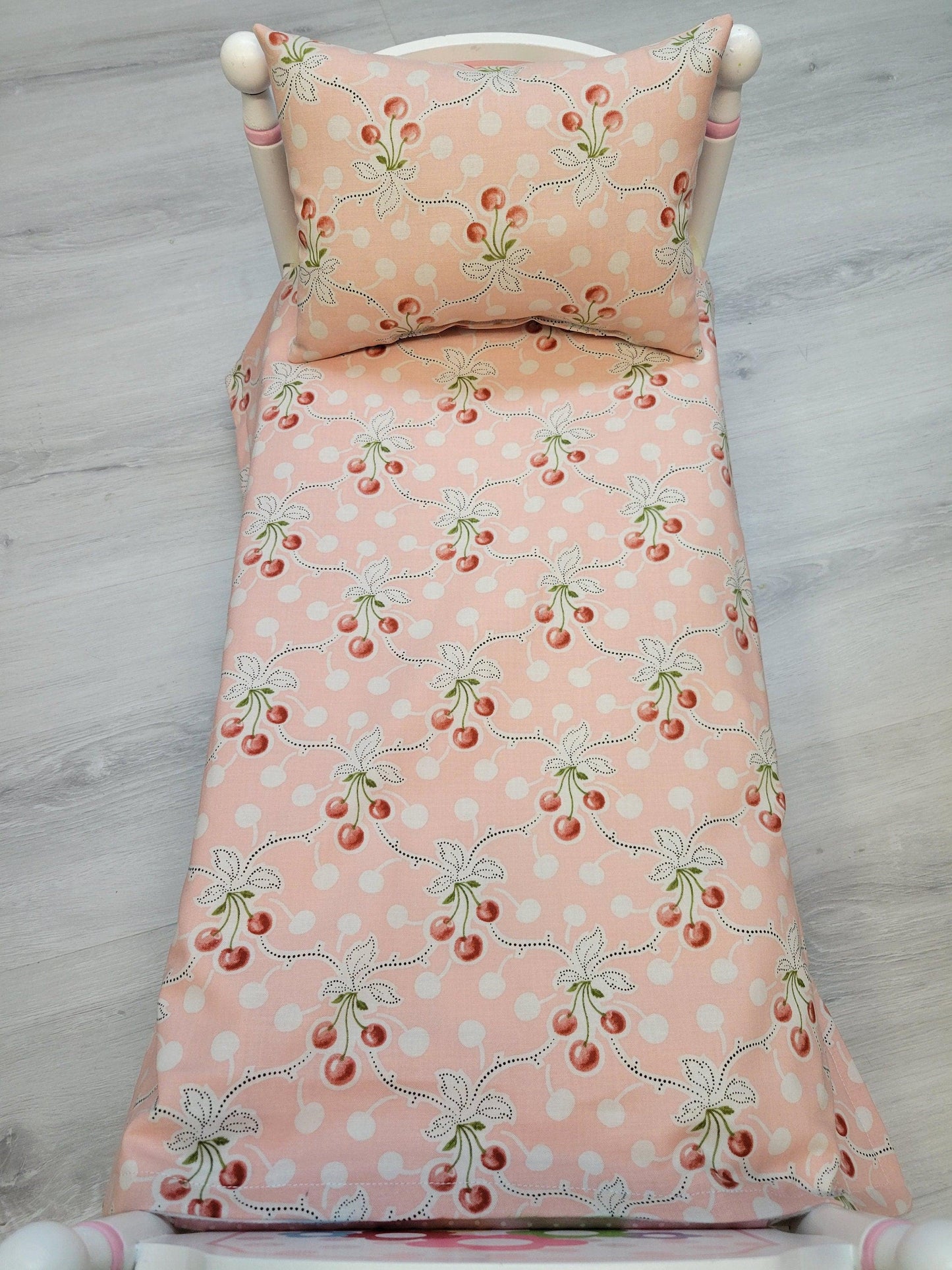 Cherries Doll Bedding, Fruit Bedding for the 18 in dolls such as the American Girl dolls, 18 in Doll Bedding Set, Pet bed set