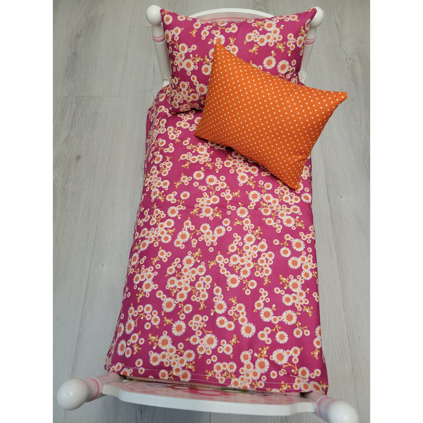 Bedding Set for dolls, 18 in doll bedding set, Dark Pink and Orange Bedding set for 18 in doll such as the American Girl doll.